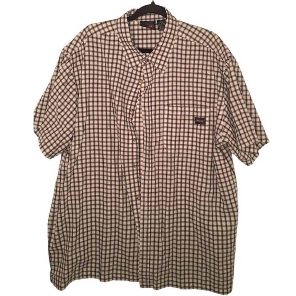 Genuine Dickies Mens 2XL Short Sleeve Button Up Shirt Plaid Workwear White Black